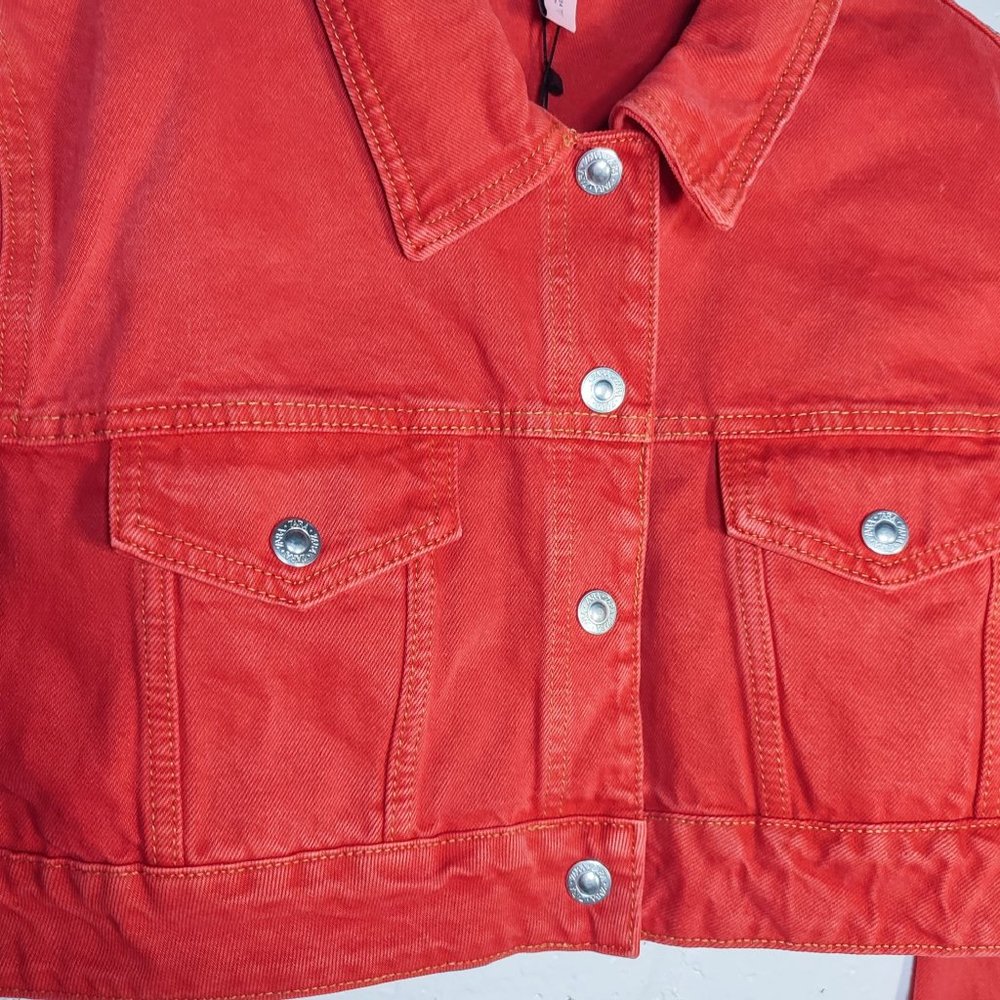 Zara Cropped Red Jean Jacket US size 12-16 - Picture 5 of 15